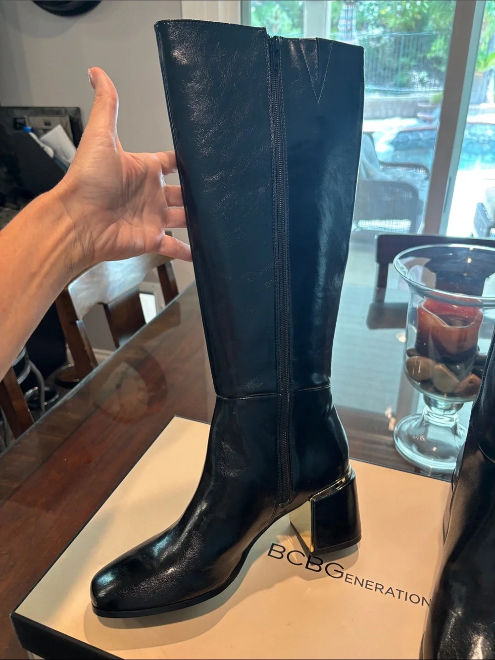 BCBGeneration Black Over-The-Knee Block Heel Boots with Gold Accent